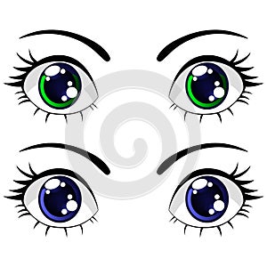 Colorful Cartoon Funny Blue and Green Eyes. Set Vector Isolated illustration on white background